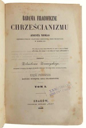 August Nicolas, przekład Zdzisław Zamoyski, Badania Filozoficzne Chrześcijanizmu Augusta Nicolas