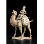 A RARE PAINTED POTTERY GROUP WITH A SOGDIAN CAMEL AND A FOREIGNER PLAYING A LIUTE