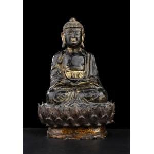 A BRONZE BUDDHA WITH TRACES OF GILDING