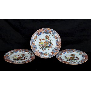 THREE POLYCHROME ENAMELED PORCELAIN DISHES