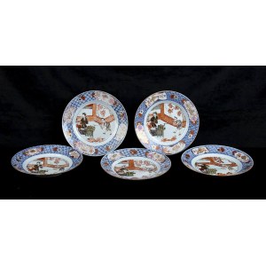 FIVE POLYCHROME ENAMELED PORCELAIN DISHES