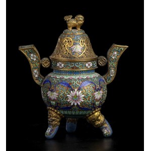 A CHAMPLEVE’-ENAMEL GILT METAL TRIPOD INCENSE BURNER