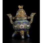 A CHAMPLEVE’-ENAMEL GILT METAL TRIPOD INCENSE BURNER