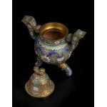 A CHAMPLEVE’-ENAMEL GILT METAL TRIPOD INCENSE BURNER