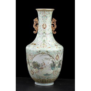 A POLYCHROME ENAMELED PORCELAIN BALUSTER VASE