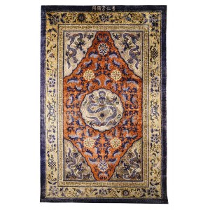 A RARE AND IMPORTANT IMPERIAL SILK AND GILT COPPER THREADS CARPET WITH FIVE-CLAWS DRAGONS