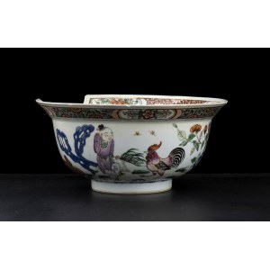 A POLYCHROME ENAMELED PORCELAIN BARBER BOWL