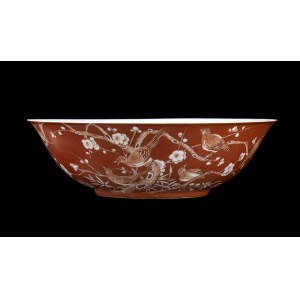 A RESERVED RED GROUND PORCELAIN LARGE BOWL