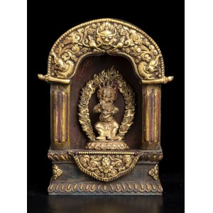 A PAINTED WOOD AND GILT BRONZE SMALL TEMPLE WITH A GILT AND PAINTED BRONZE SCULPTURE OF MAKAHALA