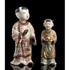 TWO POLYCHROME ENAMELED AND GILT ’SATSUMA’ CERAMIC FIGURES OF CHILDREN