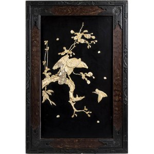 A BONE AND MOTHER-OF-PEARL INLAID LACQUERED WOOD PANEL