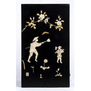 A BONE INLAID LACQUERED WOOD PANEL