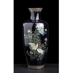 A CLOISONNÉ ENAMELED METAL VASE WITH A DECORATION OF CRANES AND FLOWERS