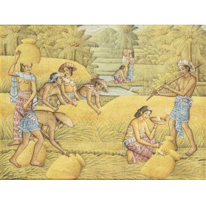 A COLOURS ON CANVAS PAINTING WITH A SCENE OF HARVESTING