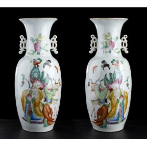 A PAIR OF POLYCHROME ENAMELED PORCELAIN BALUSTER VASES WITH FIGURES