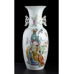 A PAIR OF POLYCHROME ENAMELED PORCELAIN BALUSTER VASES WITH FIGURES