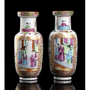 A PAIR OF POLYCHROME ENAMELED ‘CANTON’ PORCELAIN SMALL BALUSTER VASES