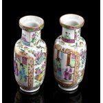 A PAIR OF POLYCHROME ENAMELED ‘CANTON’ PORCELAIN SMALL BALUSTER VASES