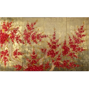 FOUR LACQUERED WOOD PANELS WITH A FLORAL COMPOSITION