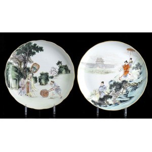 TWO POLYCHROME ENAMELED PORCELAIN DISHES