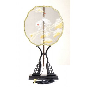 A PAINTED GAUZE FAN WITH WOOD PEDESTAL