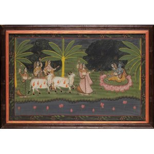 A COLOURS ON FABRIC ‘PICHHWAI’ PAINTING WITH KRISHNA, FEMALE FIGURES AND COWS IN A LANDSCAPE