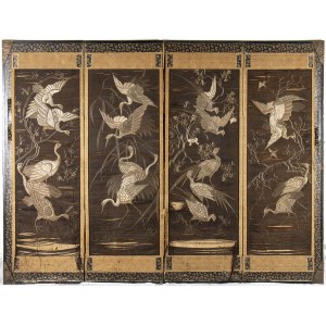 A FOUR-PANEL SILK SCREEN WITH AN EMBROIDERED DECORATION OF CRANES