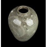 A WHITE AND BROWN SLIP INLAID AND CÉLADON GLAZED CERAMIC OVOID VASE