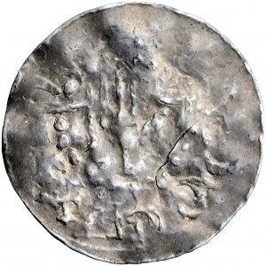 Pommern (?), eine Nachahmung im Schieferstil eines sächsischen Denars, etwa Mitte des 11. Jahrhunderts.