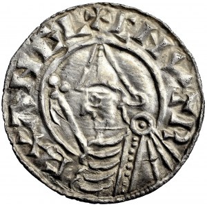 Anglie, Canute the Great, penny s hrotitou přilbou (1024-1030), mincovna Ipswich, mincovna Lifinc (Leofing)