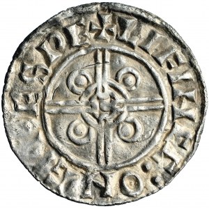 Anglicko, Canute Veľký, minca so špicatou prilbou (1024-1030), mincovňa Ipswich, mincovňa Lifinc (Leofing)