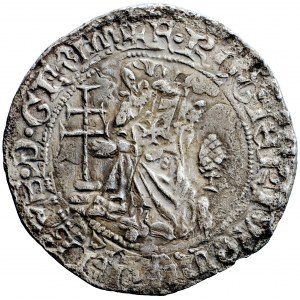 Outremer (the Latin East, the Crusaders), the Order of St. John at Rhodes, Roger of Pins (1355-1365), grosso gigliato overstruck on a grosso of the Kingdom of Sicily (Naples) of King Robert the Wise (1309-1343)