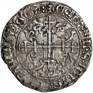 Outremer (the Latin East, the Crusaders), the Order of St. John at Rhodes, Roger of Pins (1355-1365), grosso gigliato overstruck on a grosso of the Kingdom of Sicily (Naples) of King Robert the Wise (1309-1343)