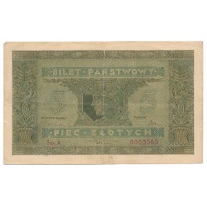 5 złotych 1926 rok Ser.A 0003564 - b.niski numer i pierwsza seria
