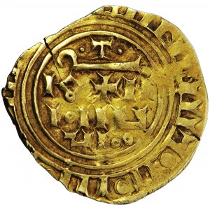Outremer (križiaci, Latinský východ), Tripolské grófstvo, Bohemund V. (1233-1251) alebo Bohemund VI. (1261-1275), bezant (napodobenina fatimidského dinára kalifa Al-Mustansira), muži. Tripolis