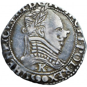 Francja, Liga w imieniu Henryka III (Henryka Walezego), ½ franka au col plat, 1590 (pośmiertne), men. Saint-Lizier, z szyderczą przeróbką stempla
