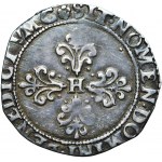 Francúzsko, Liga v mene Henricha III (Henricha z Valois), ½ franc au col plat, 1590 (posmrtne), men. Saint-Lizier, s posmešnou úpravou pečiatky