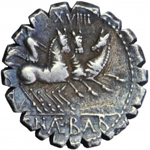 C. Naevius Balbus, zubatý denár (serratus), Rím, 79 pred Kr.