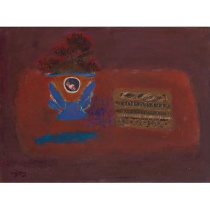 Henryk Hayden (1883 Warszawa - 1970 Paryż), Martwa natura z niebieskim wazonem i pudełkiem krawieckim, 1964