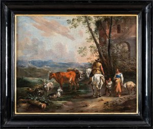 Simon Johannes van Douw (ca. 1630 - 1677), A family of shepherds with cattle before a ruin, 2nd half of the 17th century.