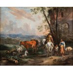 Simon Johannes van Douw (ca. 1630 - 1677), A family of shepherds with cattle before a ruin, 2nd half of the 17th century.
