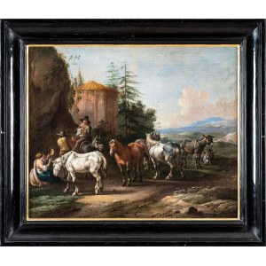 Simon Johannes van Douw (ca. 1630 - 1677), Shepherds with horses in front of a ruin, 2nd half of the 17th century.