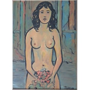 Tymon Niesiołowski(1882-1965),Nude of a girl with a bouquet of flowers