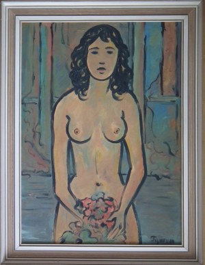 Tymon Niesiołowski(1882-1965),Akt dziewczyny z bukietem kwiatów