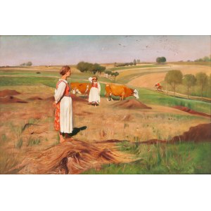 Włodzimierz Tetmajer (1862 Harklowa - 1923 Kraków), Rural landscape with a flock of storks, ca1900