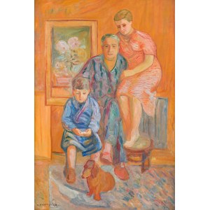 Zbigniew Pronaszko (1885 Derebczyn - 1958 Krakow), Portrait of a family in an interior (with a dachshund)