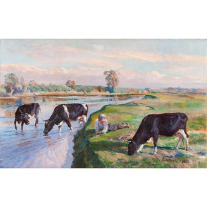 Kazimierz Lasocki (1871 Gąbin - 1952 Warszawa), Pejzaż z krowami, 1932