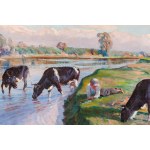 Kazimierz Lasocki (1871 Gąbin - 1952 Warsaw), Landscape with cows, 1932