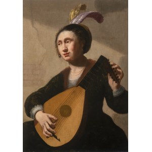 Attributed to Jan Hermansz van Bijlert (1597 or 1598 - November 1671) Woman Tuning a Theorbo