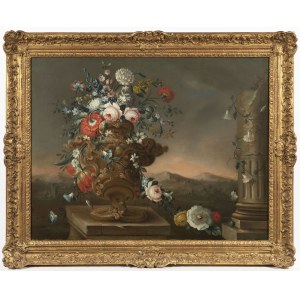 French Master 18th century, Landscape with Still Life of Flowers